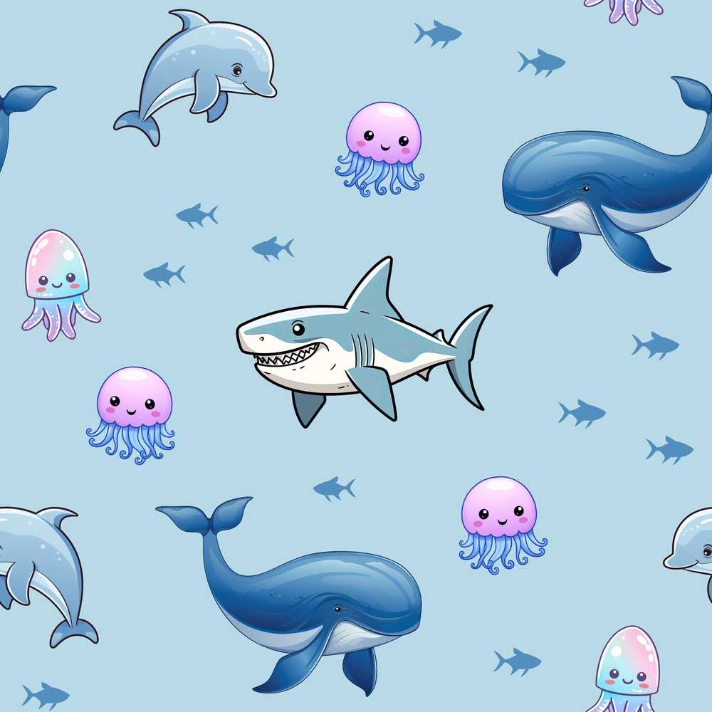 Cute Ocean Animals Dolphin Shark Jellyfish Blue Background