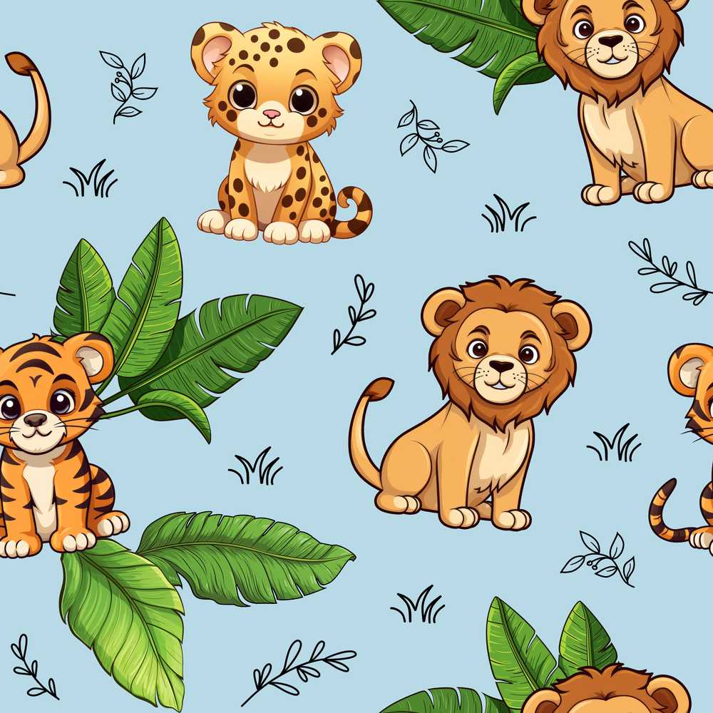 Cute Jungle Animals Lion Tiger Leopard Tropical Leaves Blue Background