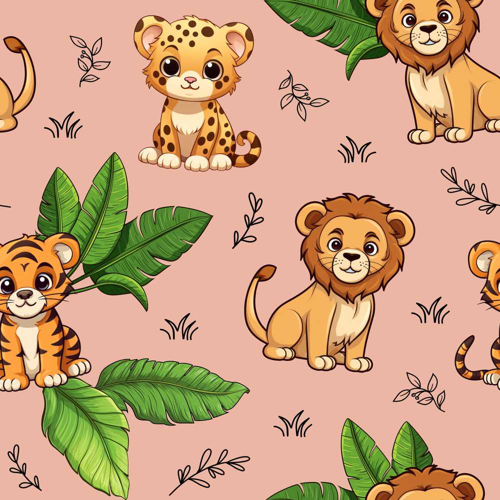 Cute Jungle Animals Lion Tiger Leopard Tropical Leaves Peach Background