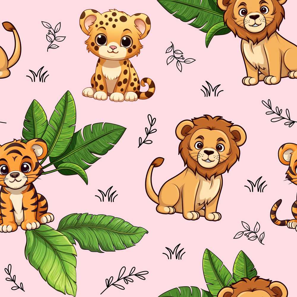 Cute Jungle Animals Lion Tiger Leopard Tropical Leaves Blush Pink