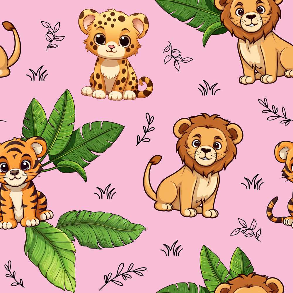 Cute Jungle Animals Lion Tiger Leopard Tropical Leaves Soft Pink