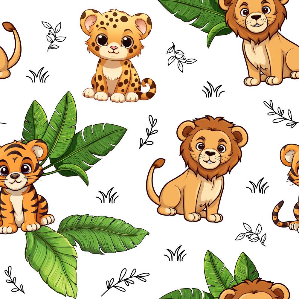 Cute Jungle Animals Lion Tiger Leopard Tropical Leaves Light Grey