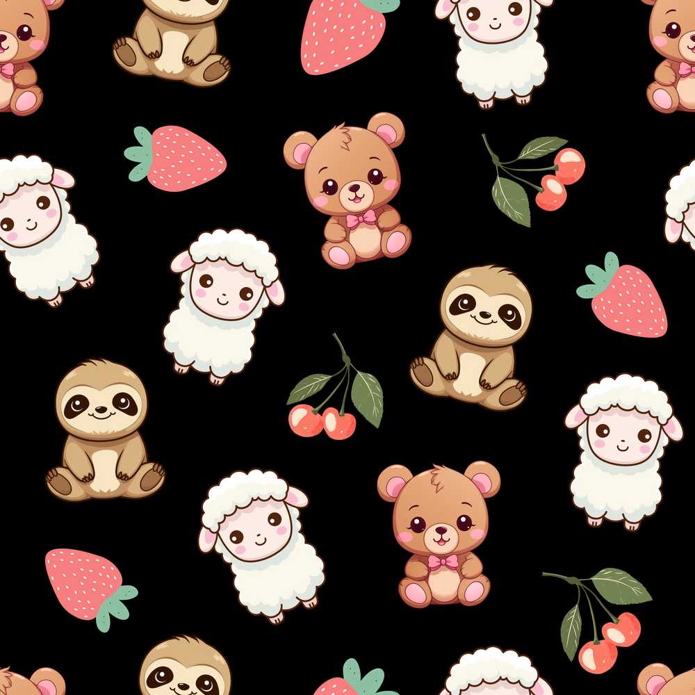 Cute Cute Baby Animals Bear Sheep Sloth Strawberry Cherry Black