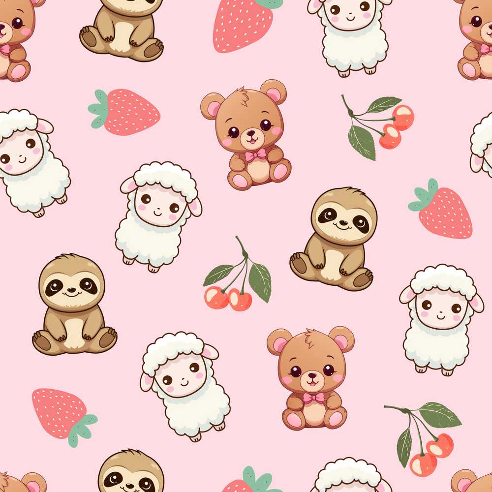 Cute Cute Baby Animals Bear Sheep Sloth Strawberry Cherry Pink