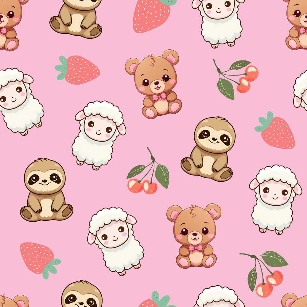 Cute Baby Animals Bear Sheep Sloth Strawberry Cherry Pink Background