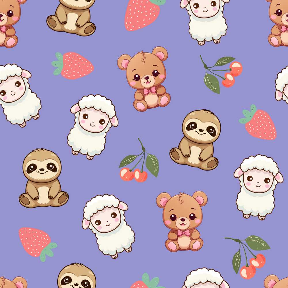 Cute Baby Animals Bear Sheep Sloth Strawberry Cherry Purple Background