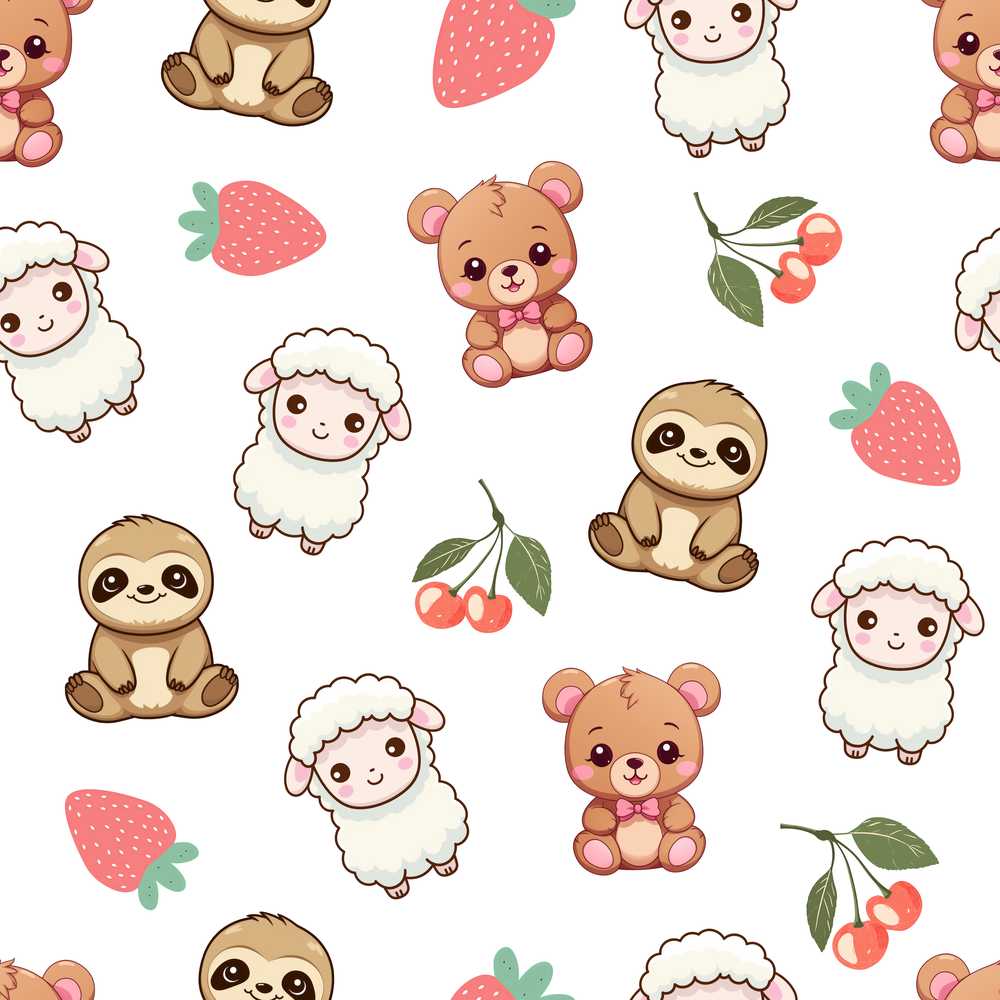Cute Baby Animals Bear Sheep Sloth Strawberry Cherry Light Grey