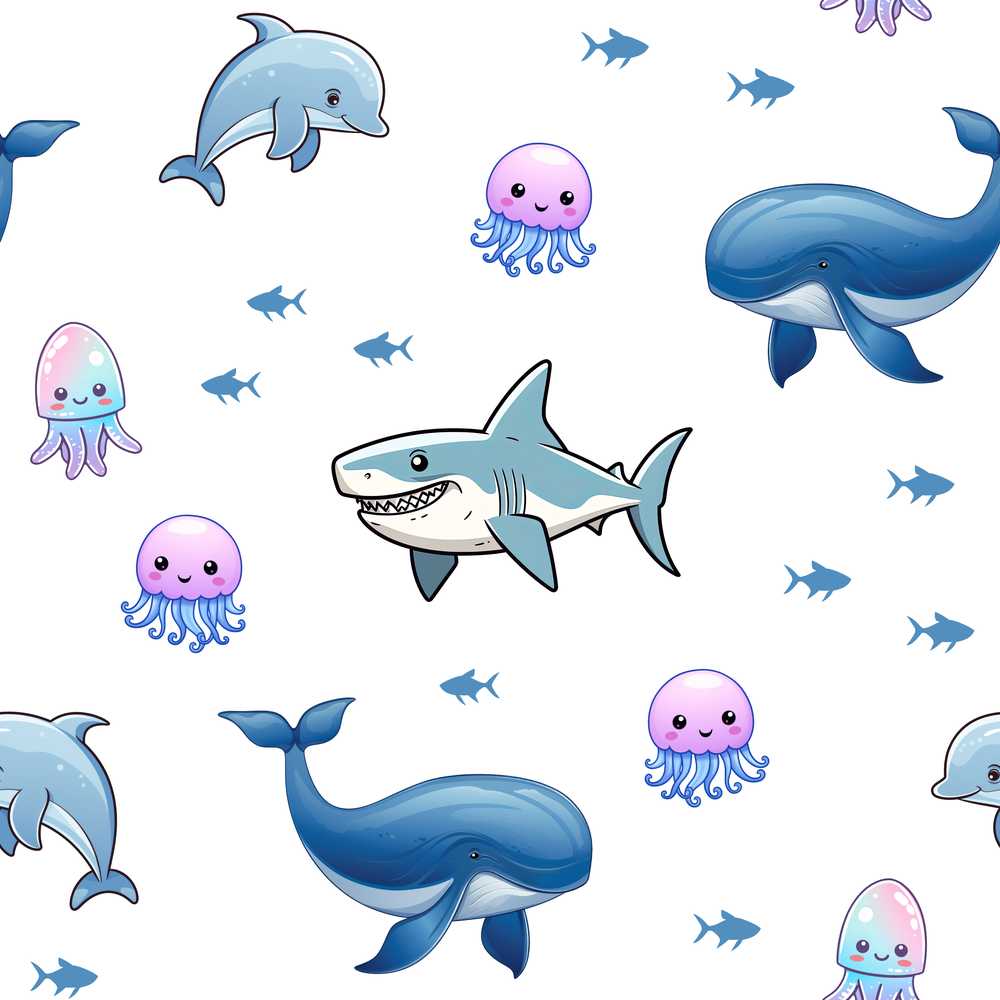 Cute Ocean Animals Dolphin Whale Shark Jellyfish White Background