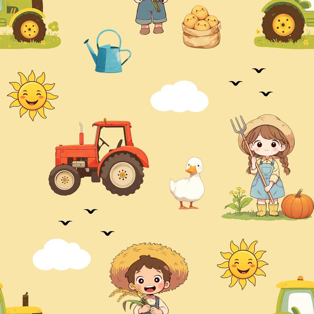 Cute Farm Tractor Duck Girl with Clouds Beige Background