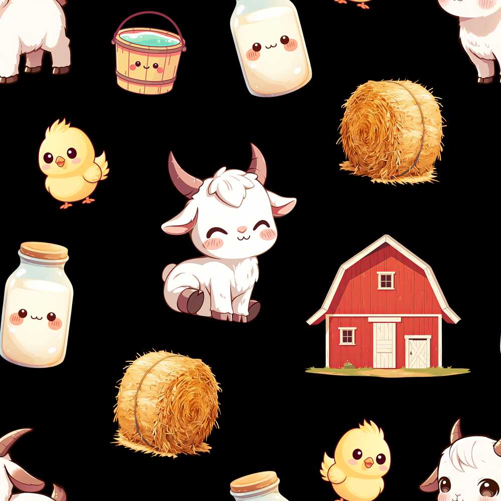 Cute Farm Goat Barn Hay Bale Chick Black Background