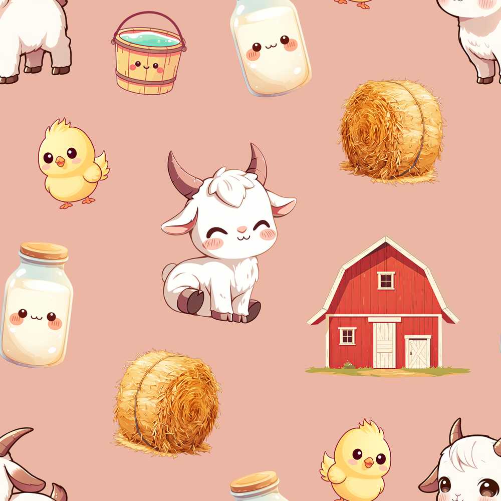 Cute Farm Goat Barn Hay Bale Chick Peach Background
