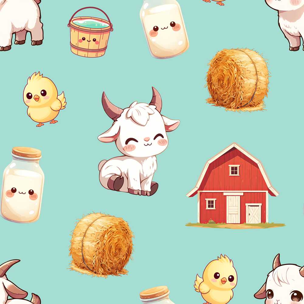 Cute Farm Goat Barn Hay Bale Chick Milk Bucket Teal