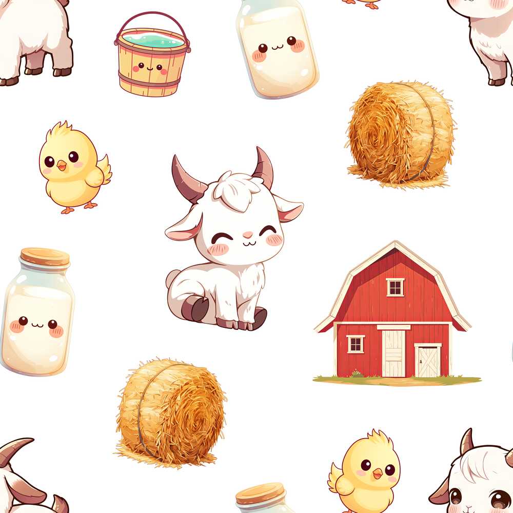 Cute Farm Goat Barn Hay Bale Chick Milk Bucket Grey