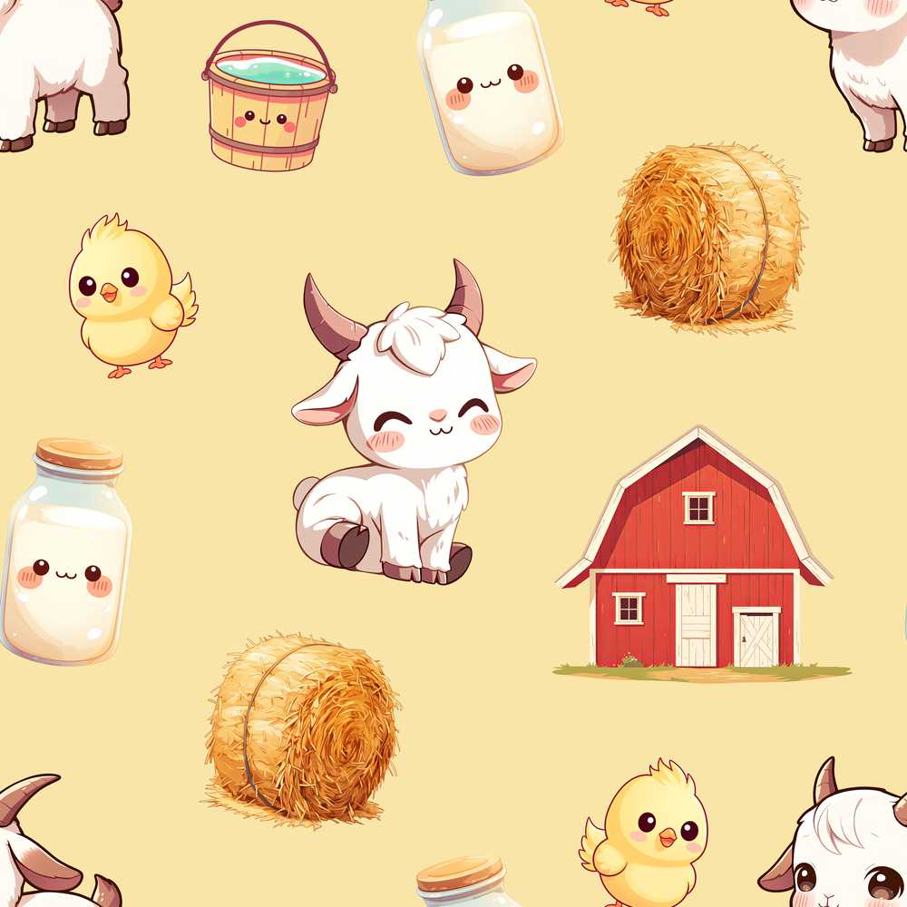 Cute Farm Goat Barn Hay Bale Chick Milk Bucket Yellow
