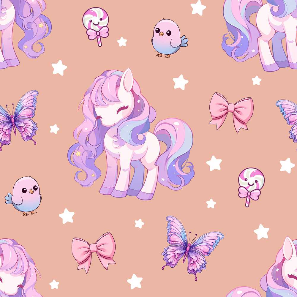 Cute Pastel Unicorn Butterfly Candy Stars Peach Background
