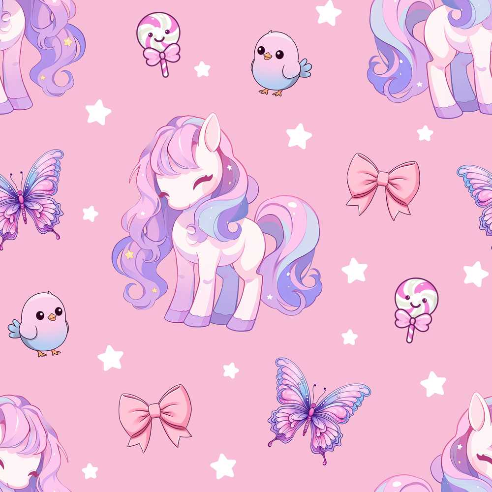 Cute Pastel Unicorn Butterfly Candy Stars Rose Pink Background