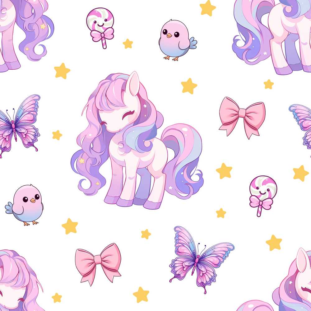 Cute Pastel Unicorn Butterfly Candy Stars Light Grey Background