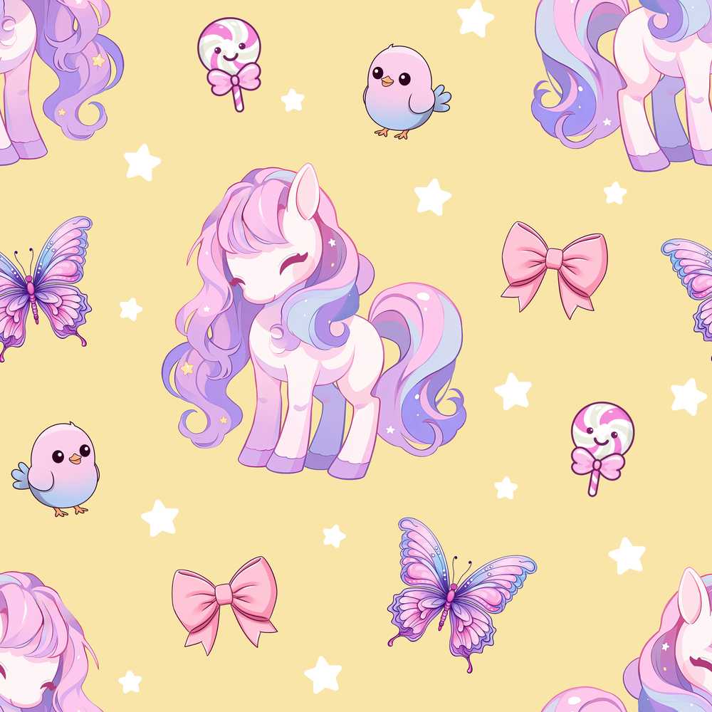 Cute Pastel Unicorn Butterfly Candy Stars Yellow Background