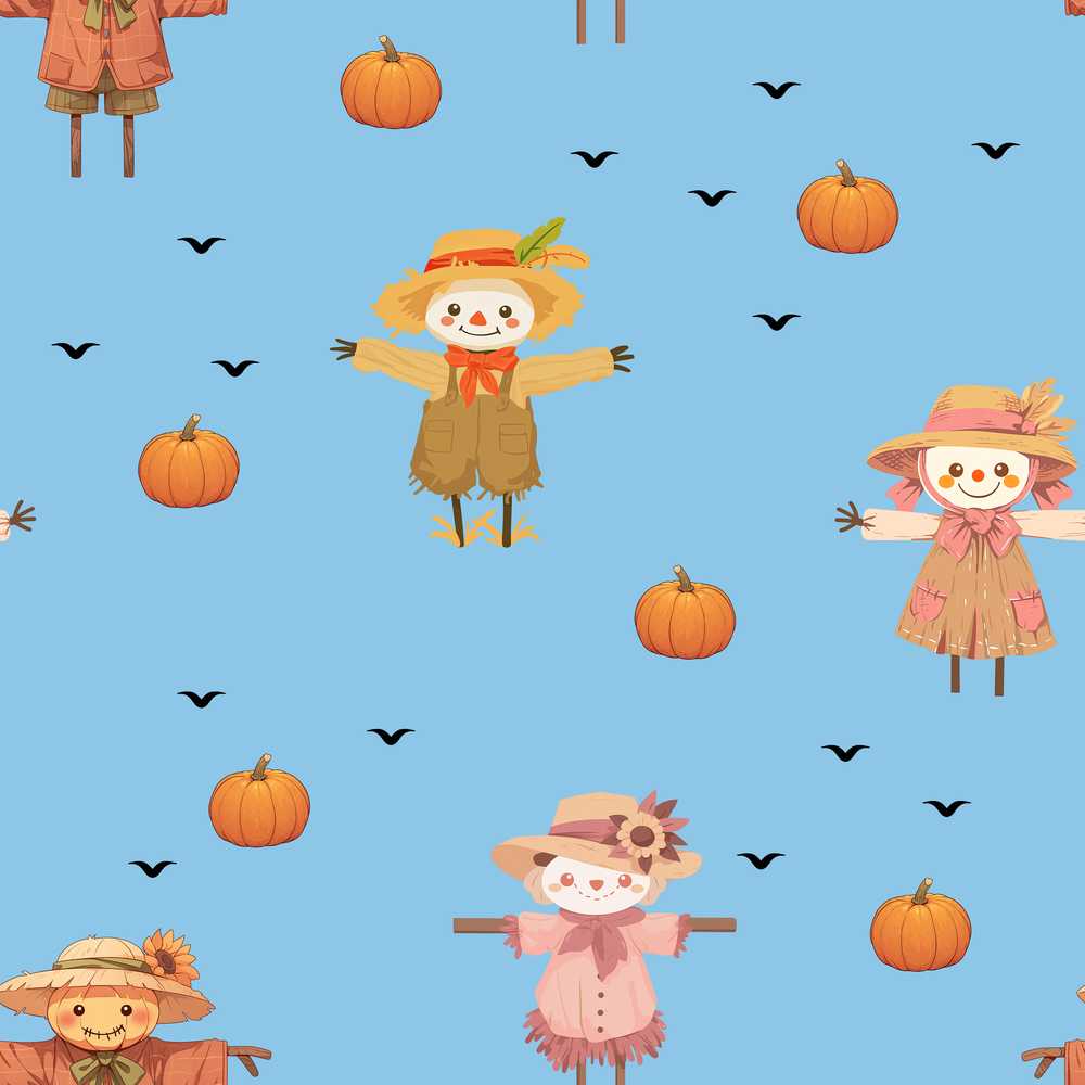 Cute Autumn Scarecrow Pumpkin Birds Sky Blue Background