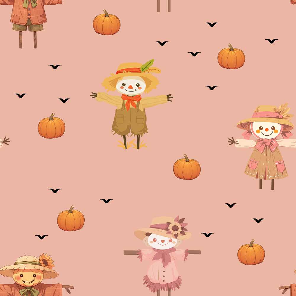Cute Autumn Scarecrow Pumpkin Birds Peach Background Spooky
