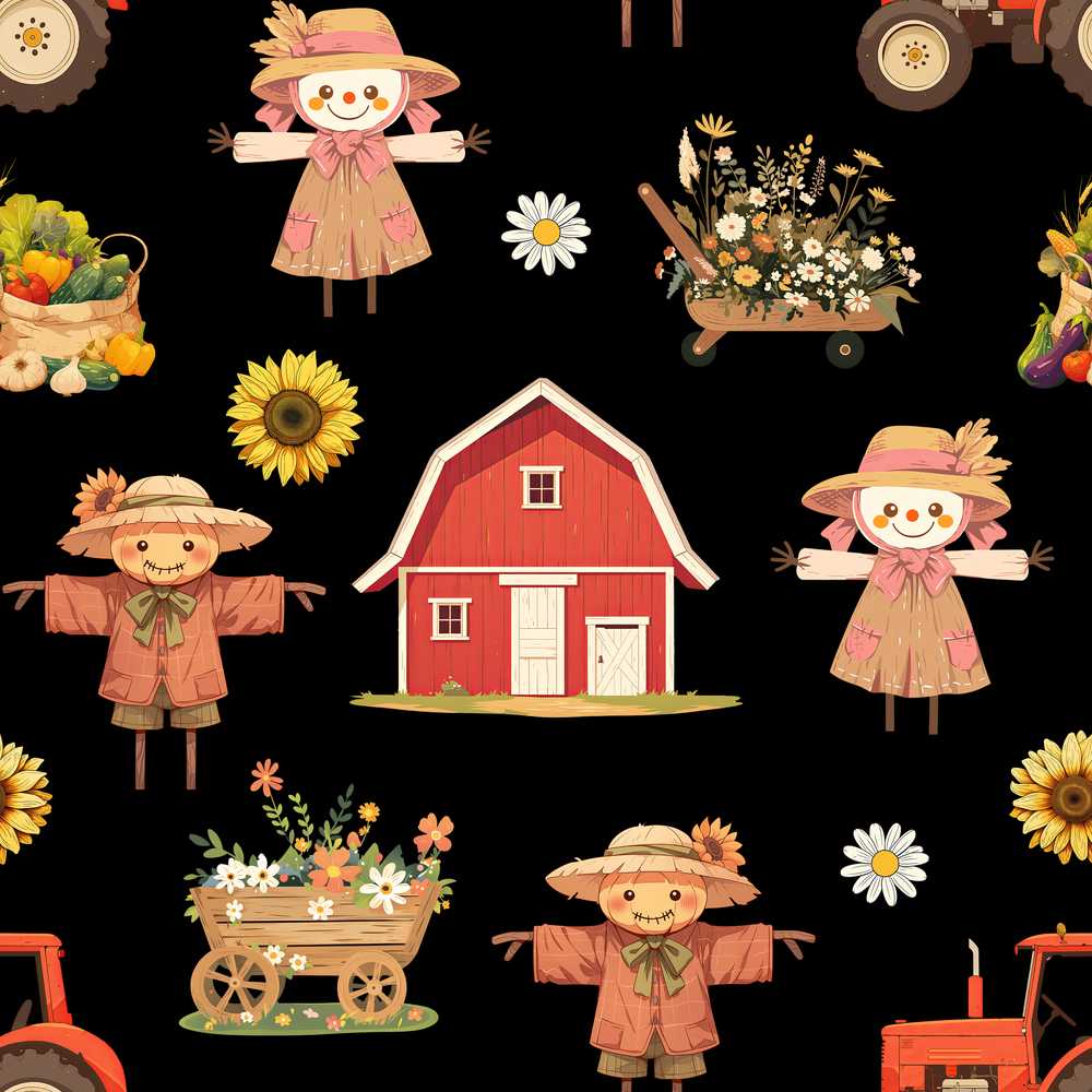 Cute Autumn Scarecrow Barn Flowers Black Background Wildflower Pattern