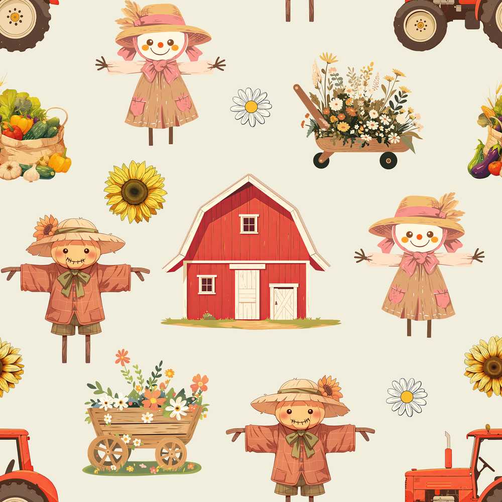 Cute Autumn Scarecrow Barn Flowers Cream Background Wildflower Pattern