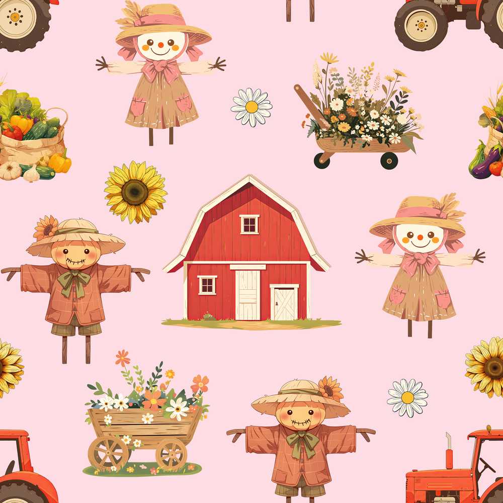 Cute Autumn Scarecrow Barn Flowers Pink Background Wildflower Pattern
