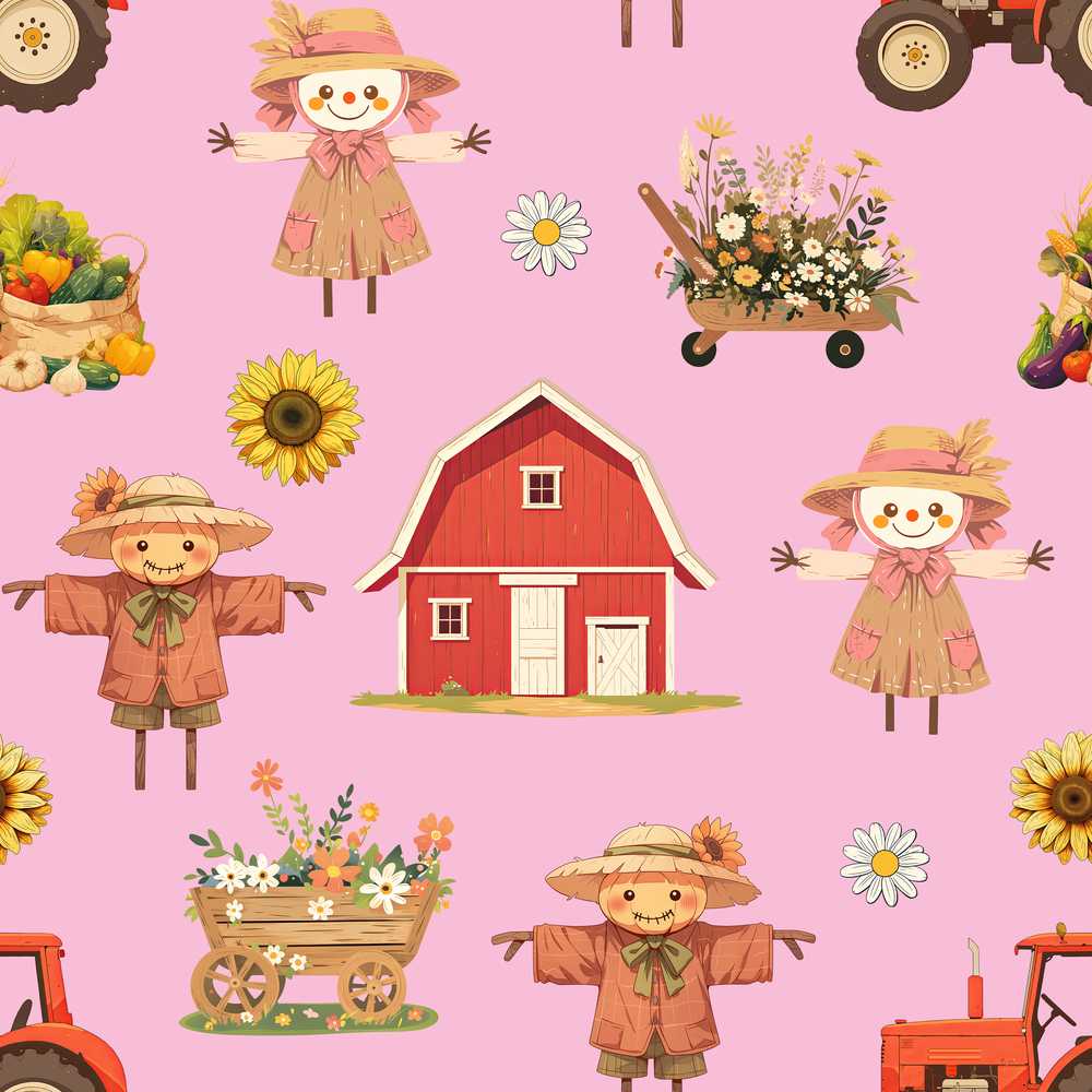 Cute Autumn Scarecrow Barn Flowers Rose Background Wildflower Pattern