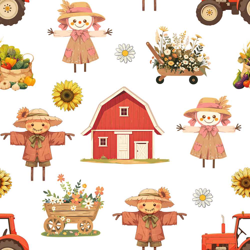 Cute Autumn Scarecrow Barn Flowers Grey Background Wildflower Pattern