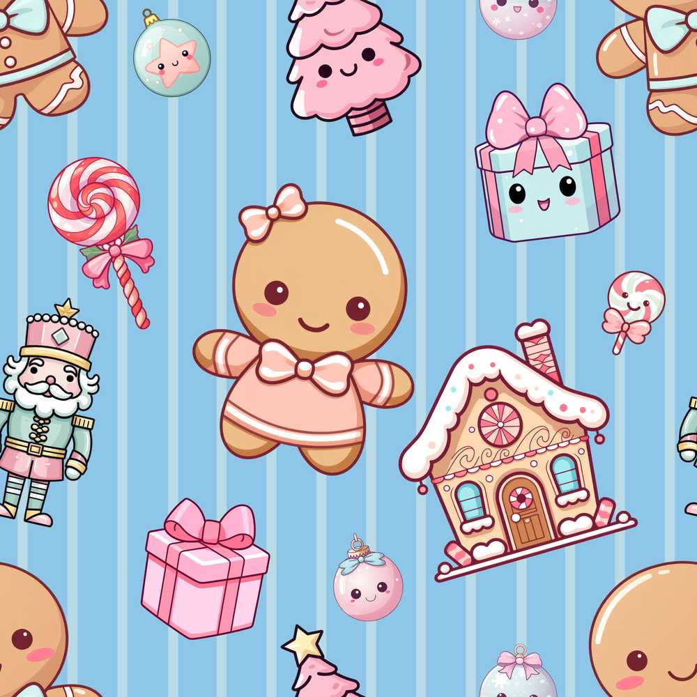 Cute Christmas Gingerbread Candy House Gifts Blue Stripe Background