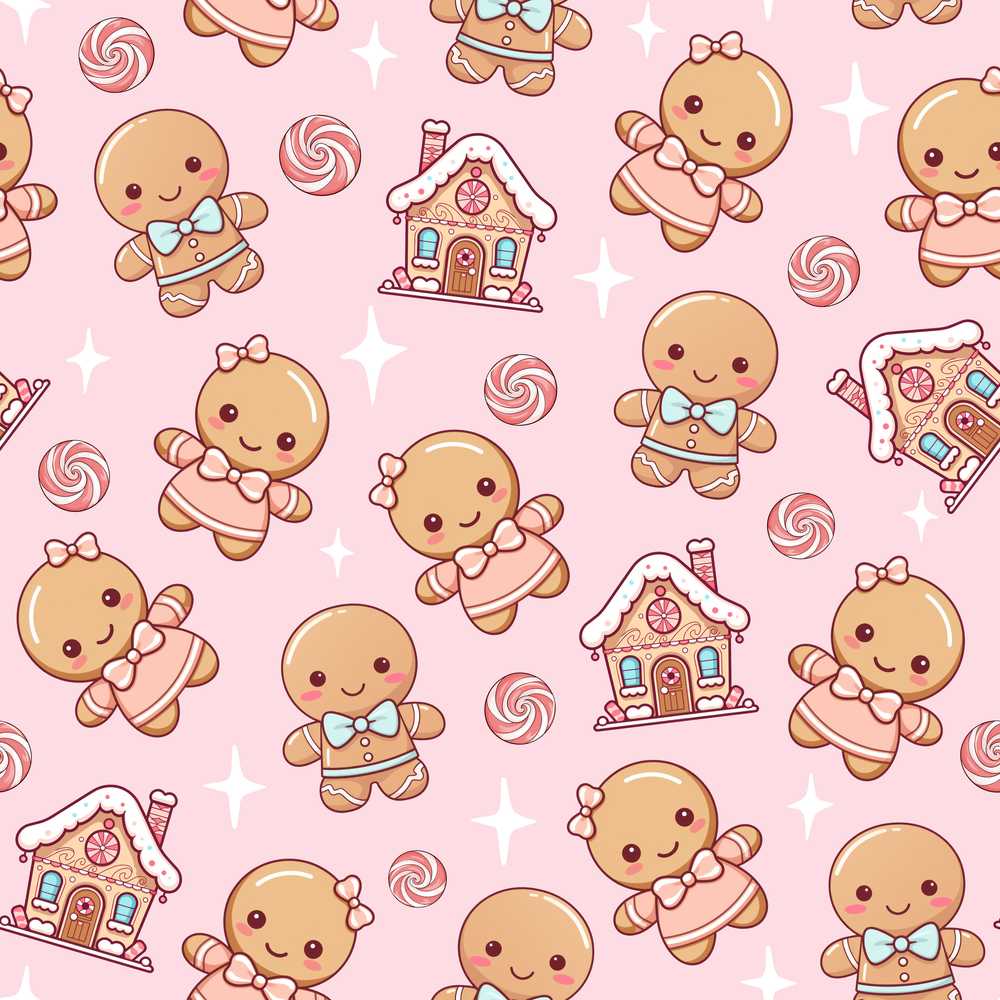 Cute Christmas Gingerbread Characters Candy House Light Pink Background