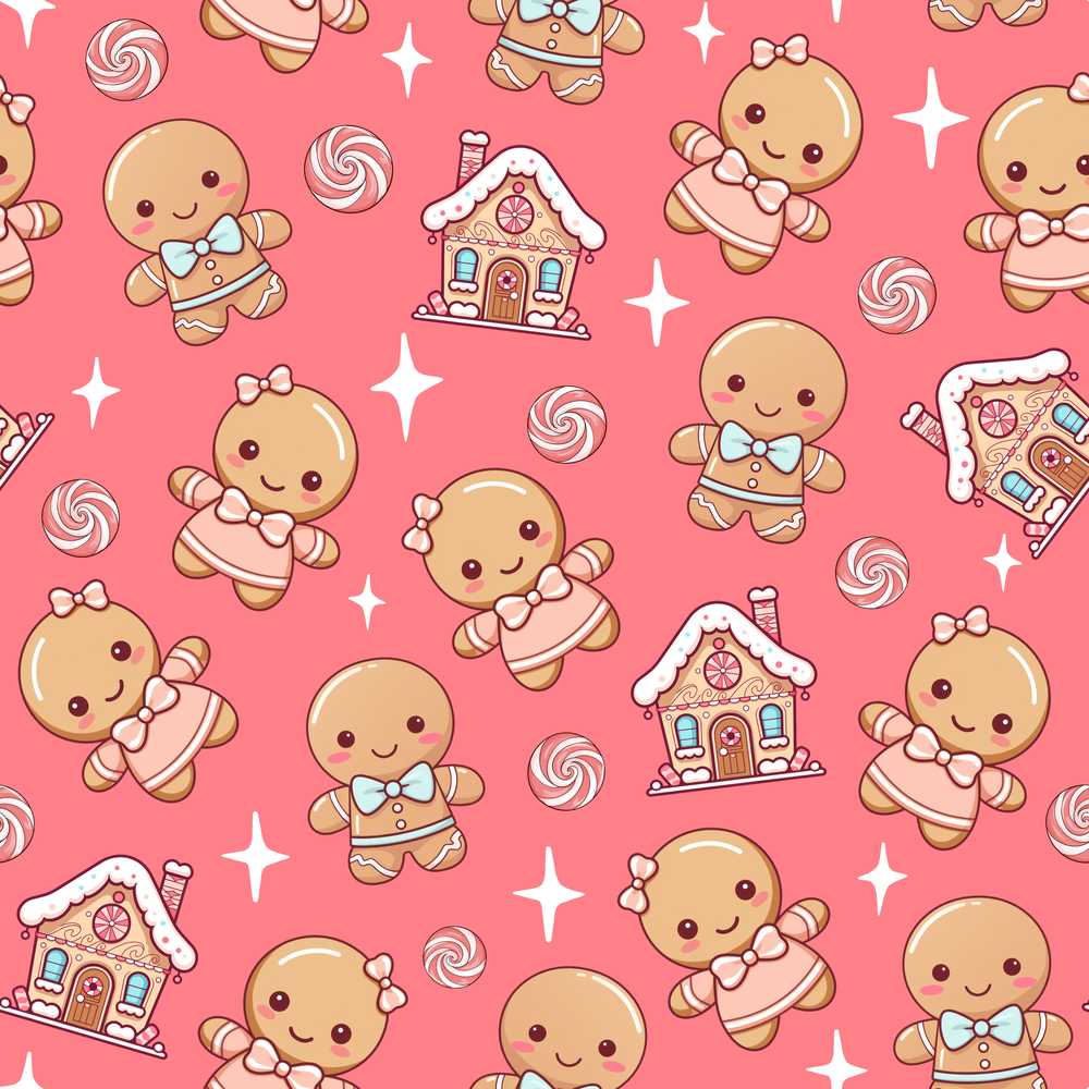 Cute Christmas Gingerbread Characters Candy House Coral Background