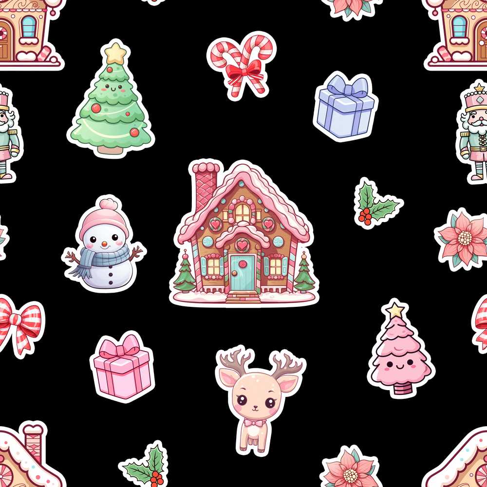 Cute Christmas Festive Stickers Snowman Tree House Black Background
