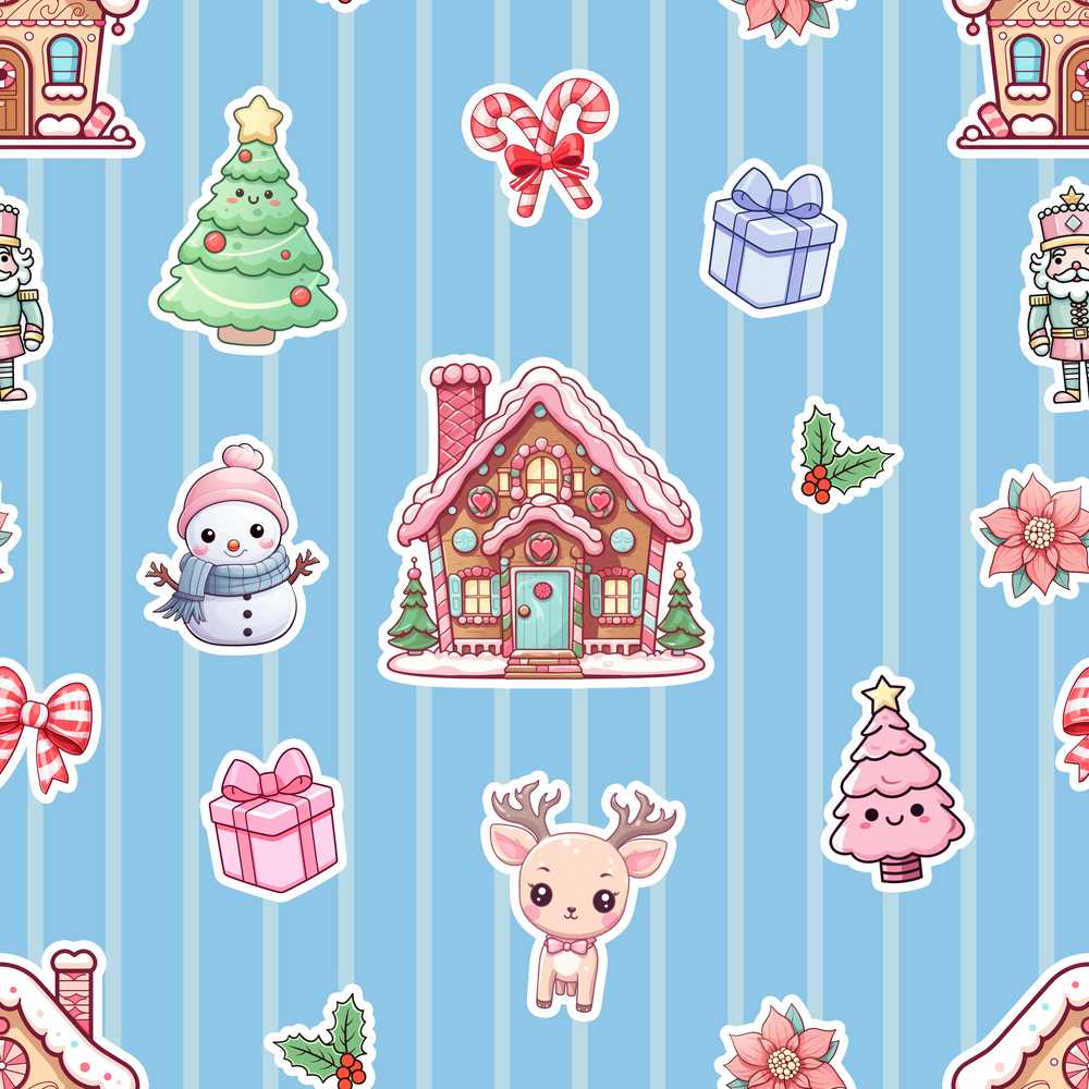 Cute Christmas Festive Stickers Gingerbread House Tree Blue Stripe Background