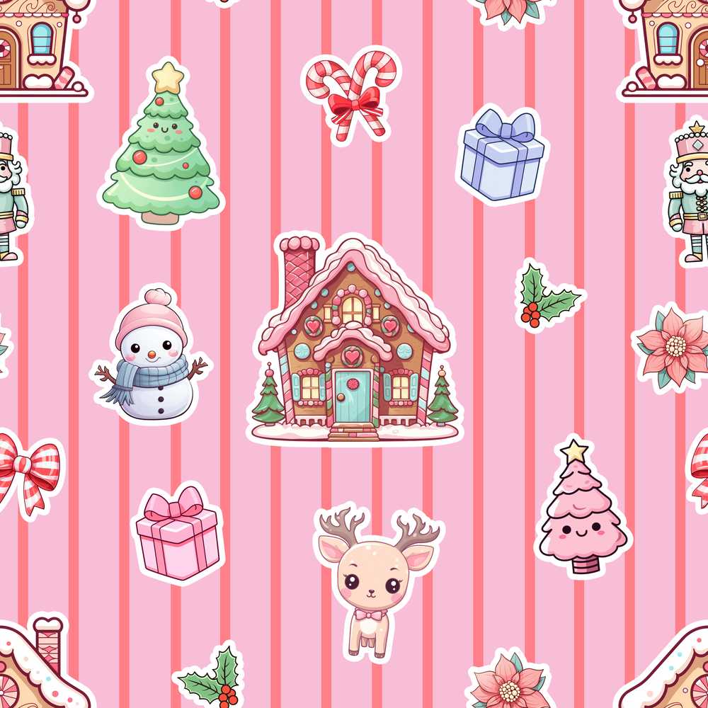 Cute Christmas Festive Stickers Gingerbread House Tree Pink Stripe Background