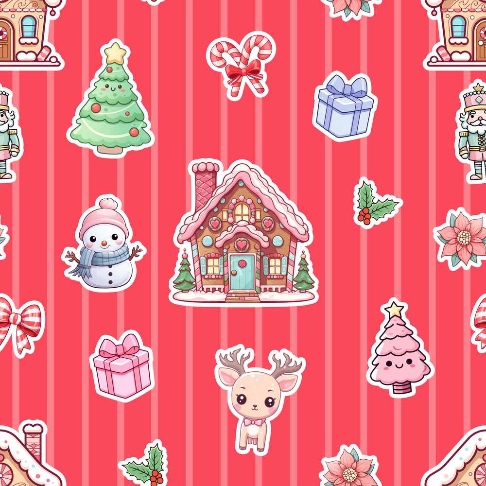 Cute Christmas Festive Stickers Gingerbread House Tree Red Stripe Background