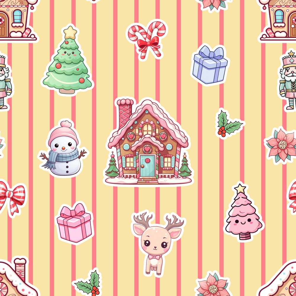 Cute Christmas Festive Stickers Gingerbread House Tree Yellow Stripe Background