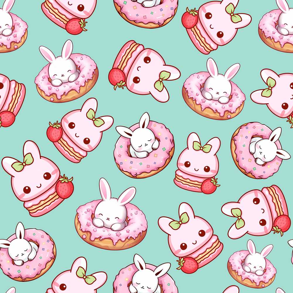 Cute Kawaii Bunny Donuts Strawberry Dessert Teal Background