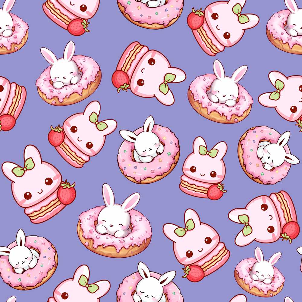 Cute Kawaii Bunny Donuts Strawberry Dessert Purple Background