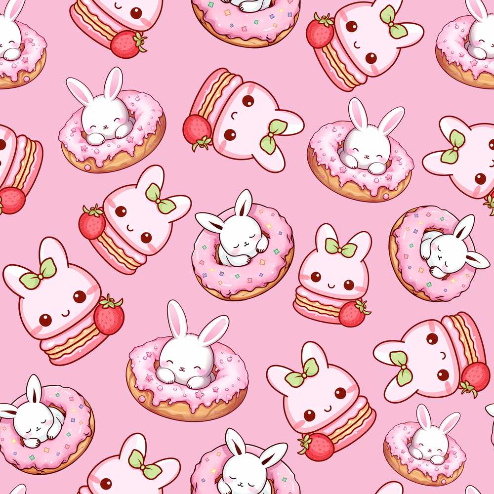 Cute Kawaii Bunny Donuts Strawberry Dessert Soft Pink Background