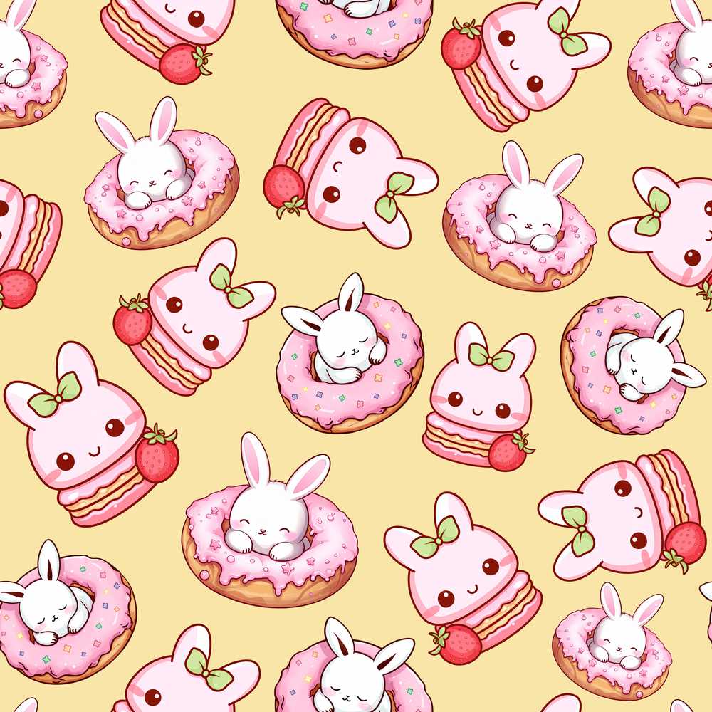 Cute Kawaii Bunny Donuts Strawberry Dessert Pastel Yellow Background