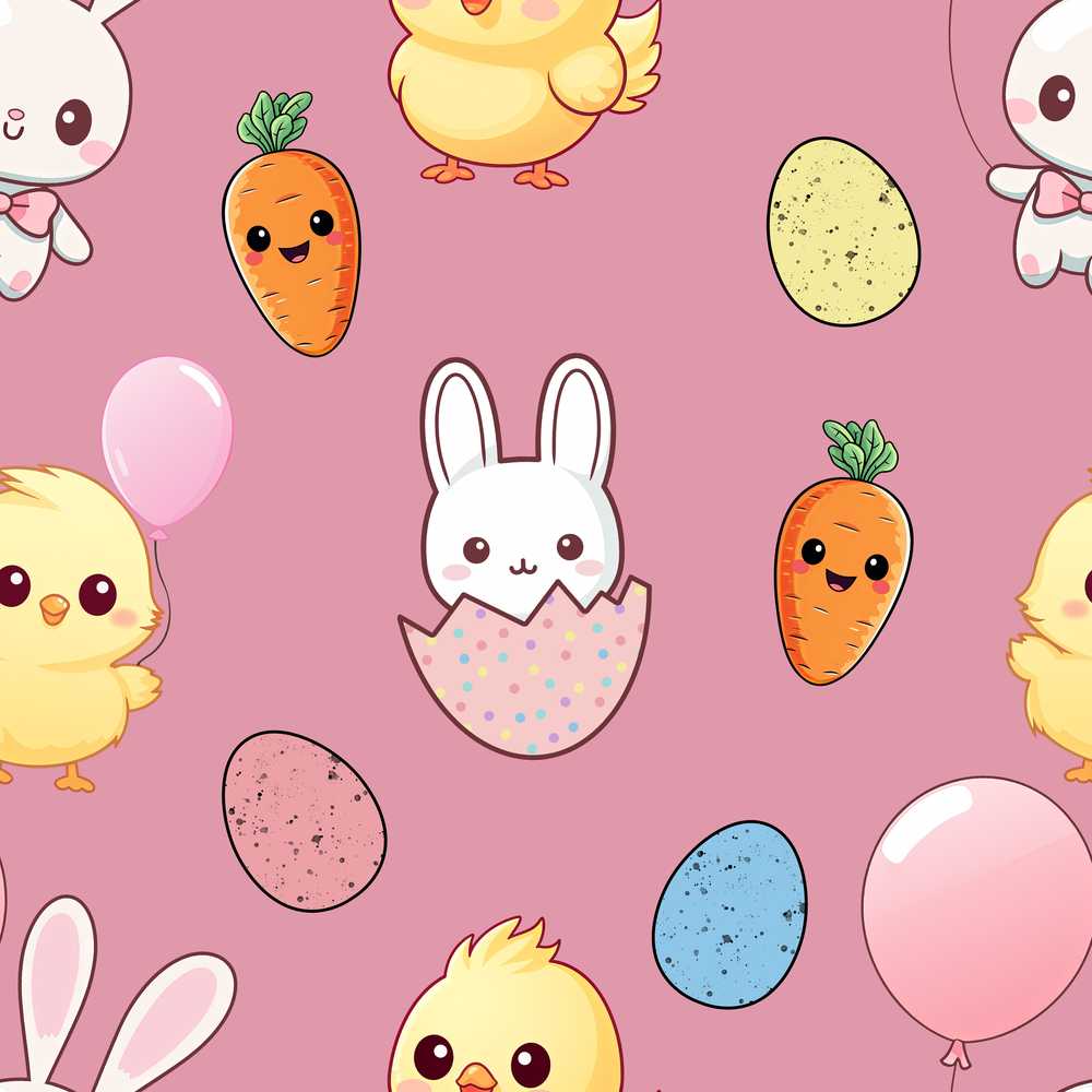 Cute Easter Bunny Chick Eggs Carrot Cute Pink Background