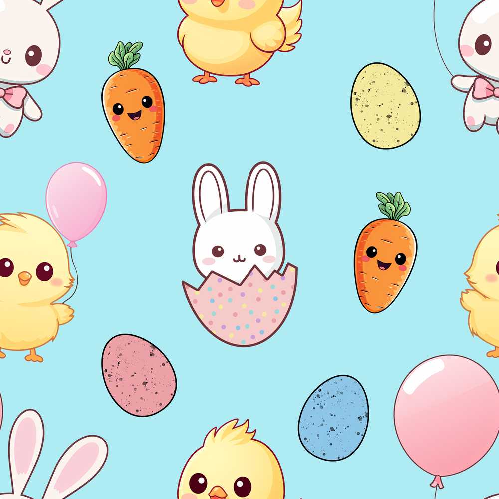 Cute Easter Bunny Chick Eggs Carrot Cute Blue Background