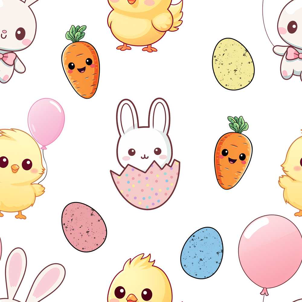 Cute Easter Bunny Chick Carrots Eggs Polka Dot Grey Background