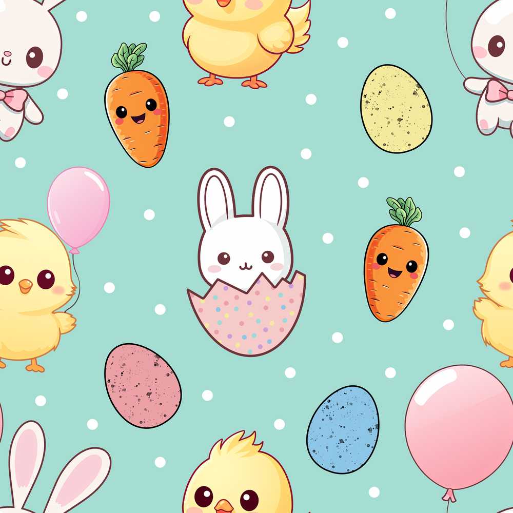 Cute Easter Bunny Chick Carrots Eggs Polka Dot Mint Background