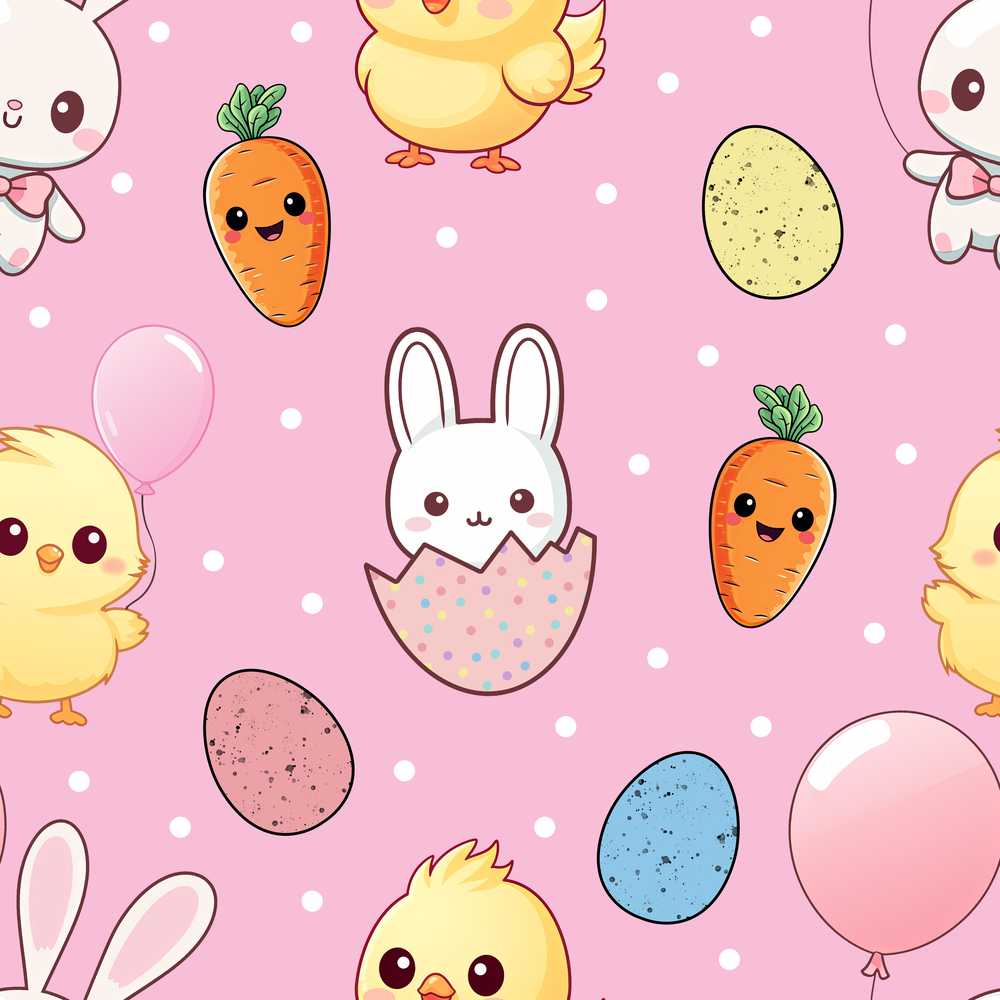 Cute Easter Bunny Chick Carrots Eggs Polka Dot Rose Pink