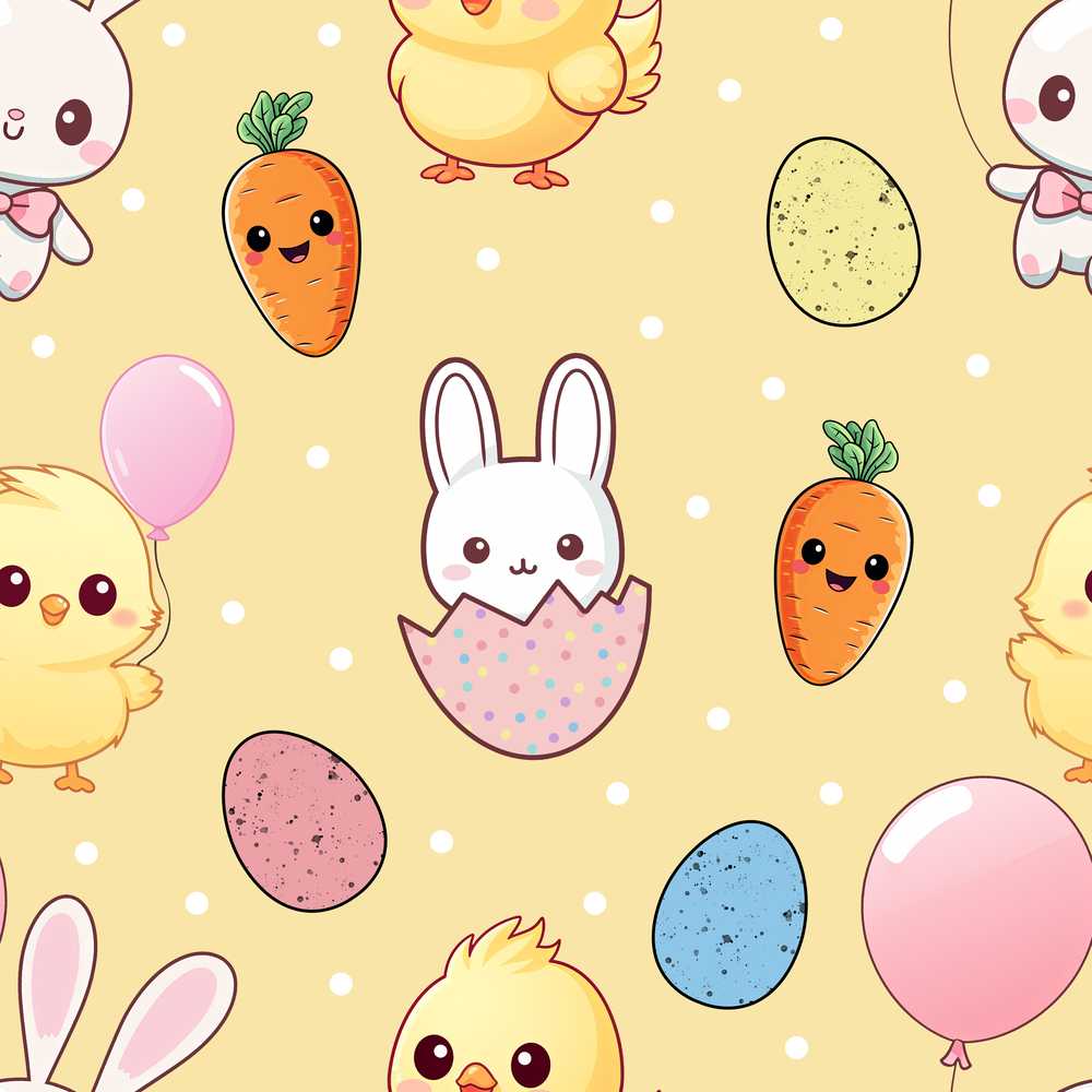 Cute Easter Bunny Chick Carrots Eggs Polka Dot Pastel Yellow