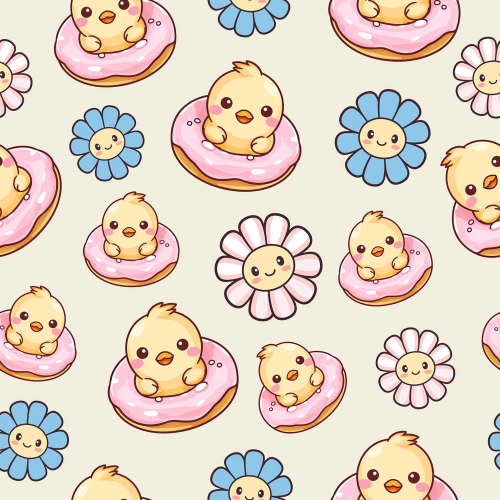 Cute Baby Chick Donut Flowers Cream Background Wildflower Pattern