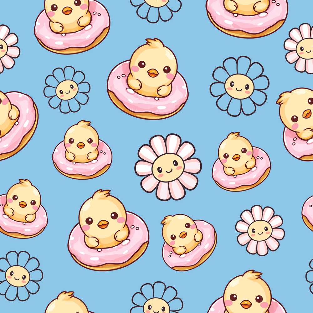 Cute Baby Chick Donut Flowers Blue Background Wildflower Pattern