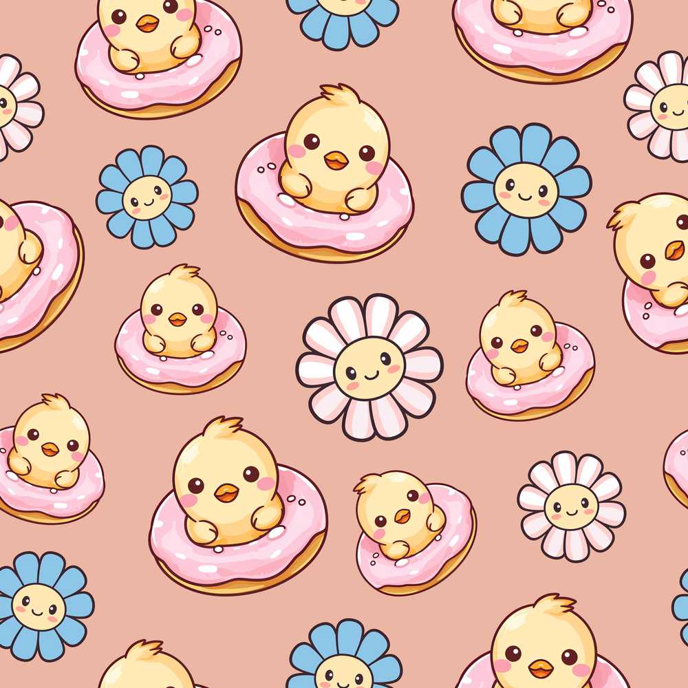 Cute Baby Chick Donut Flowers Peach Background Wildflower Pattern